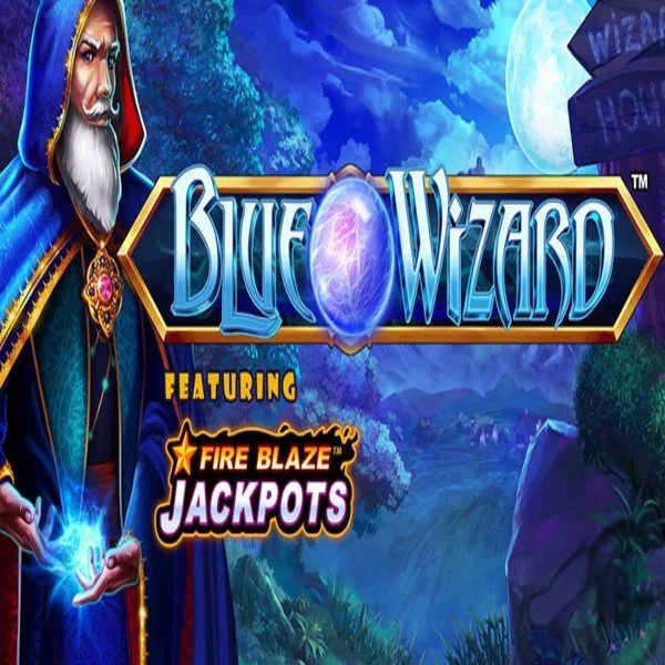 Blue Wizard Fire Blaze Jackpots online game logo by Rarestone Gaming on lyra-bets.com